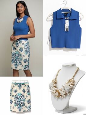 Talbots Blue Toile Pencil Skirt & Necklace + Sincerely Jules Ribbed Top
